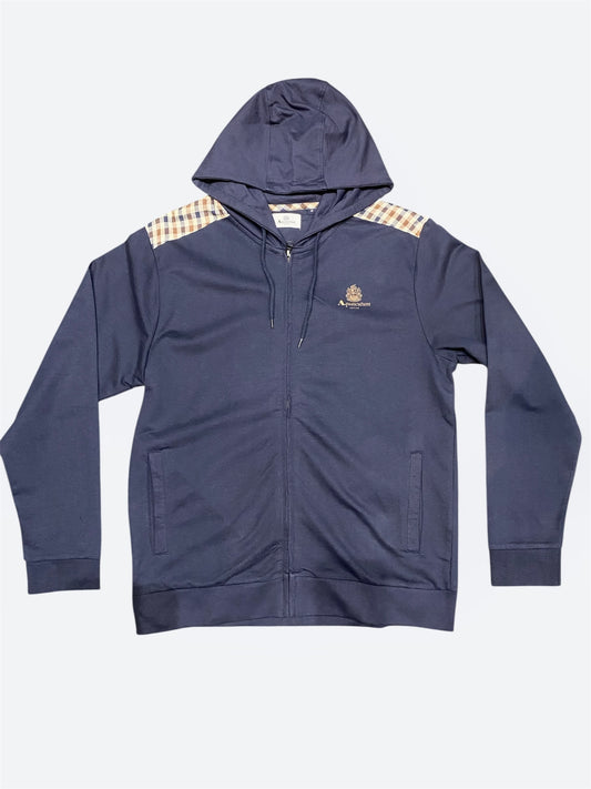 Aquascutum Small Logo Check Detail Zip Hoodie Navy