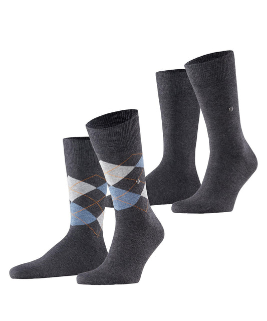 Burlington Everyday 2 Pack Argyle Plain Socks Anthra Mel Grey