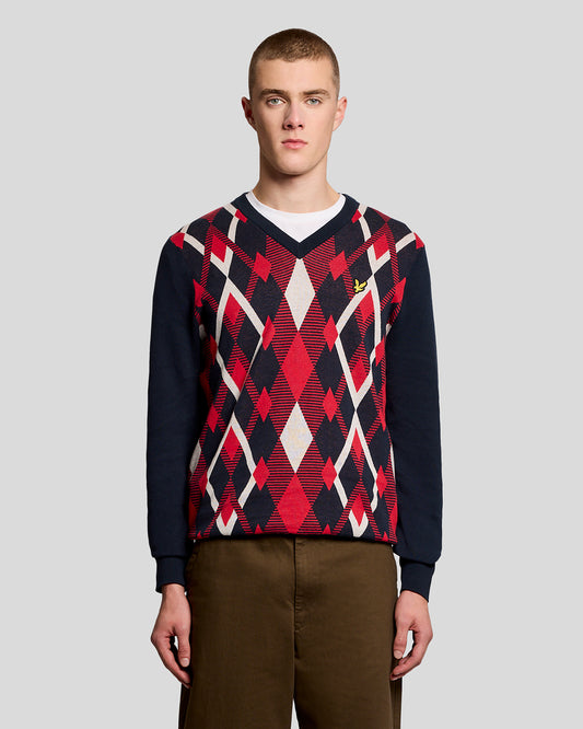 Lyle & Scott Argyle V-Neck Knitted Jumper Navy/Cherry Red