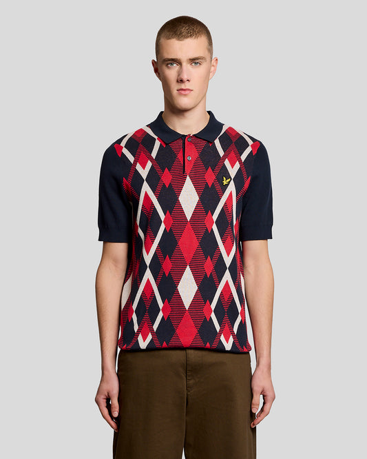 Lyle & Scott Argyle SS Knitted Polo Navy/Cherry Red