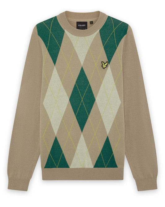 Lyle & Scott Argyle Knitted Crew Neck Jumper Camel Taupe