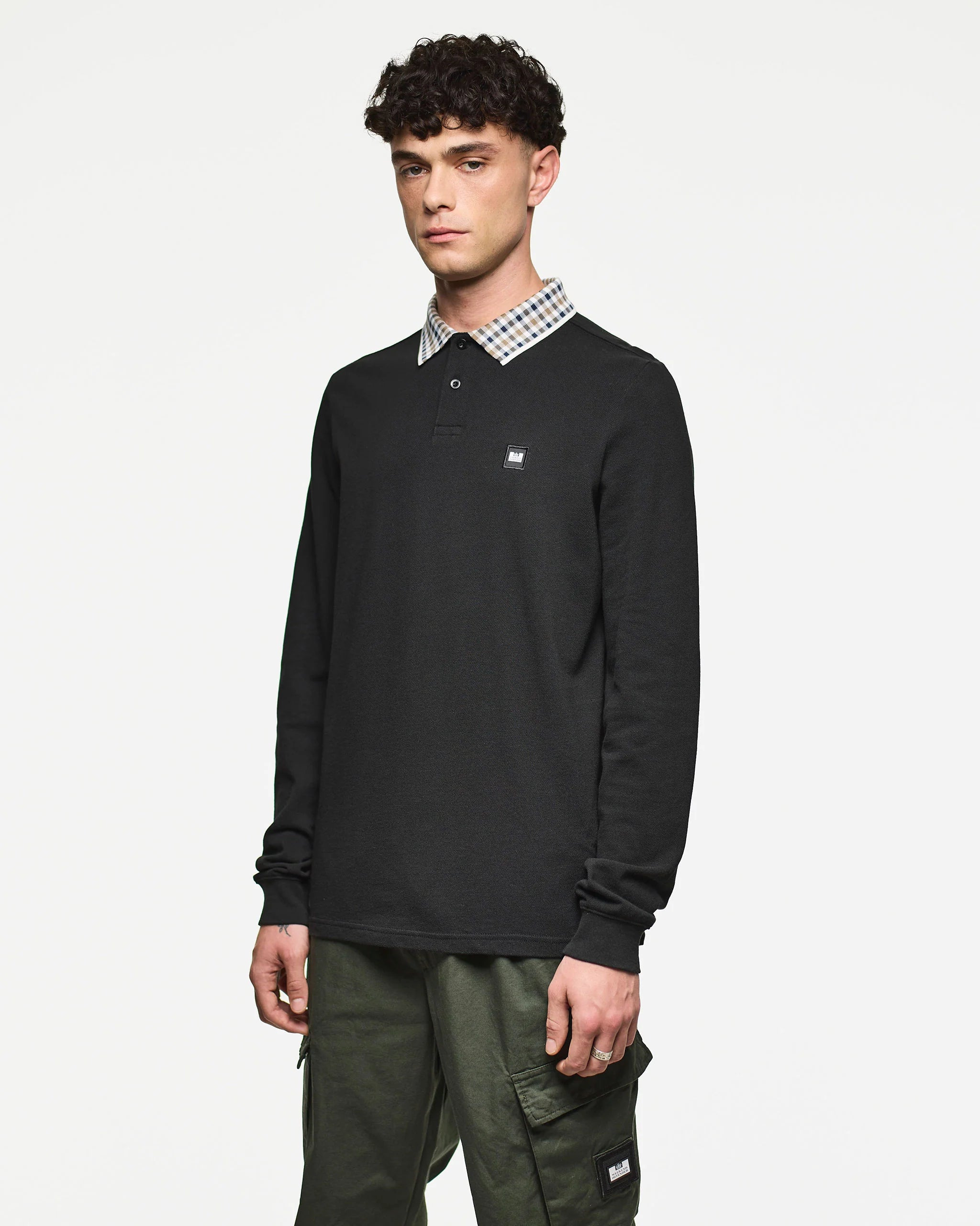 Weekend Offender Lindley Long Sleeve Check Collar Polo Black