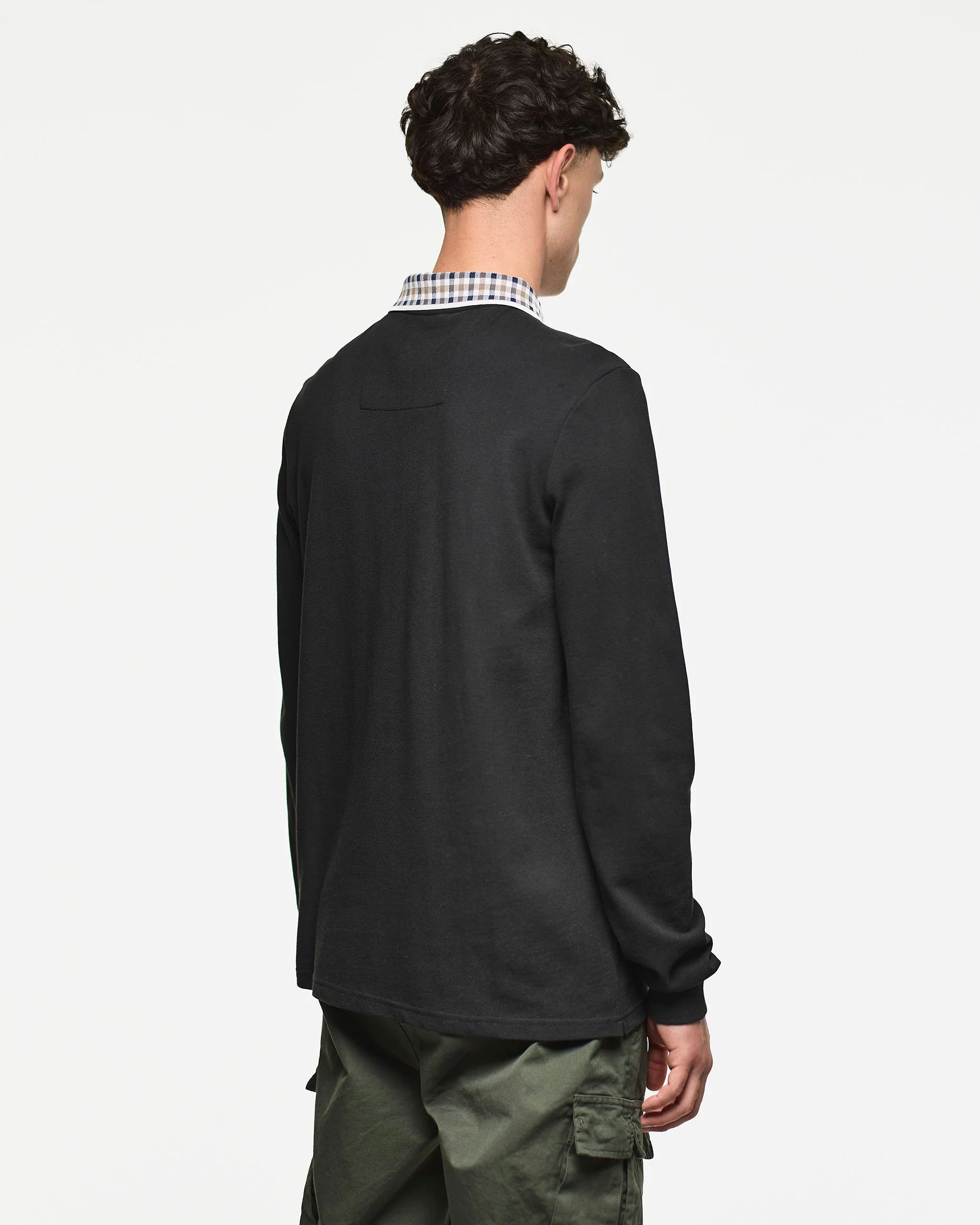 Weekend Offender Lindley Long Sleeve Check Collar Polo Black