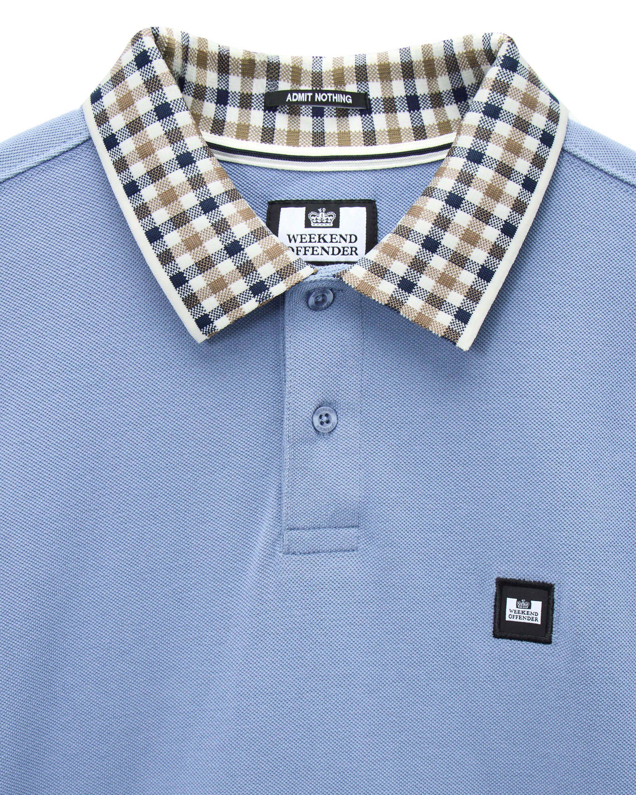 Weekend Offender Lindley Long Sleeve Check Collar Polo Blue Shadow