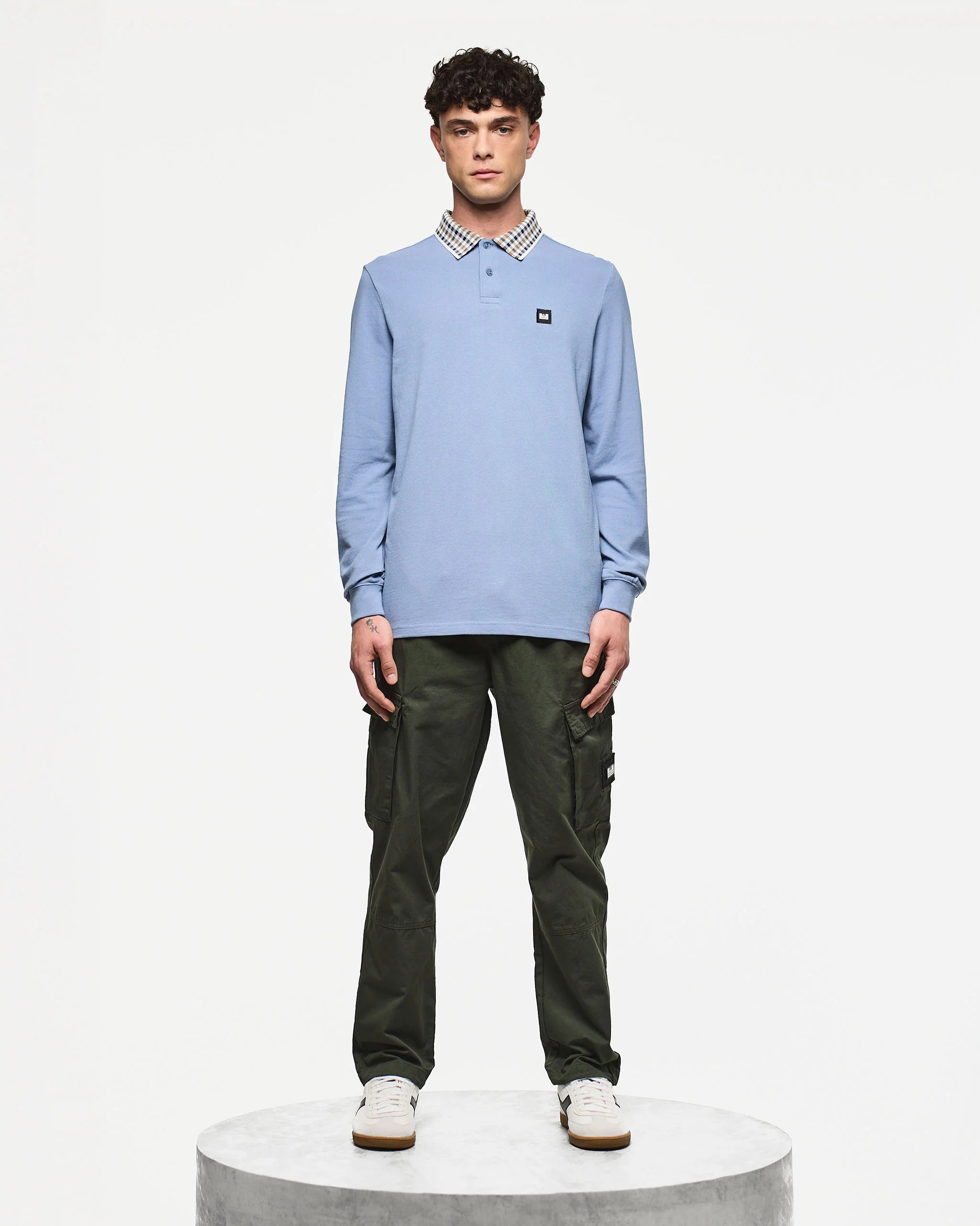 Weekend Offender Lindley Long Sleeve Check Collar Polo Blue Shadow
