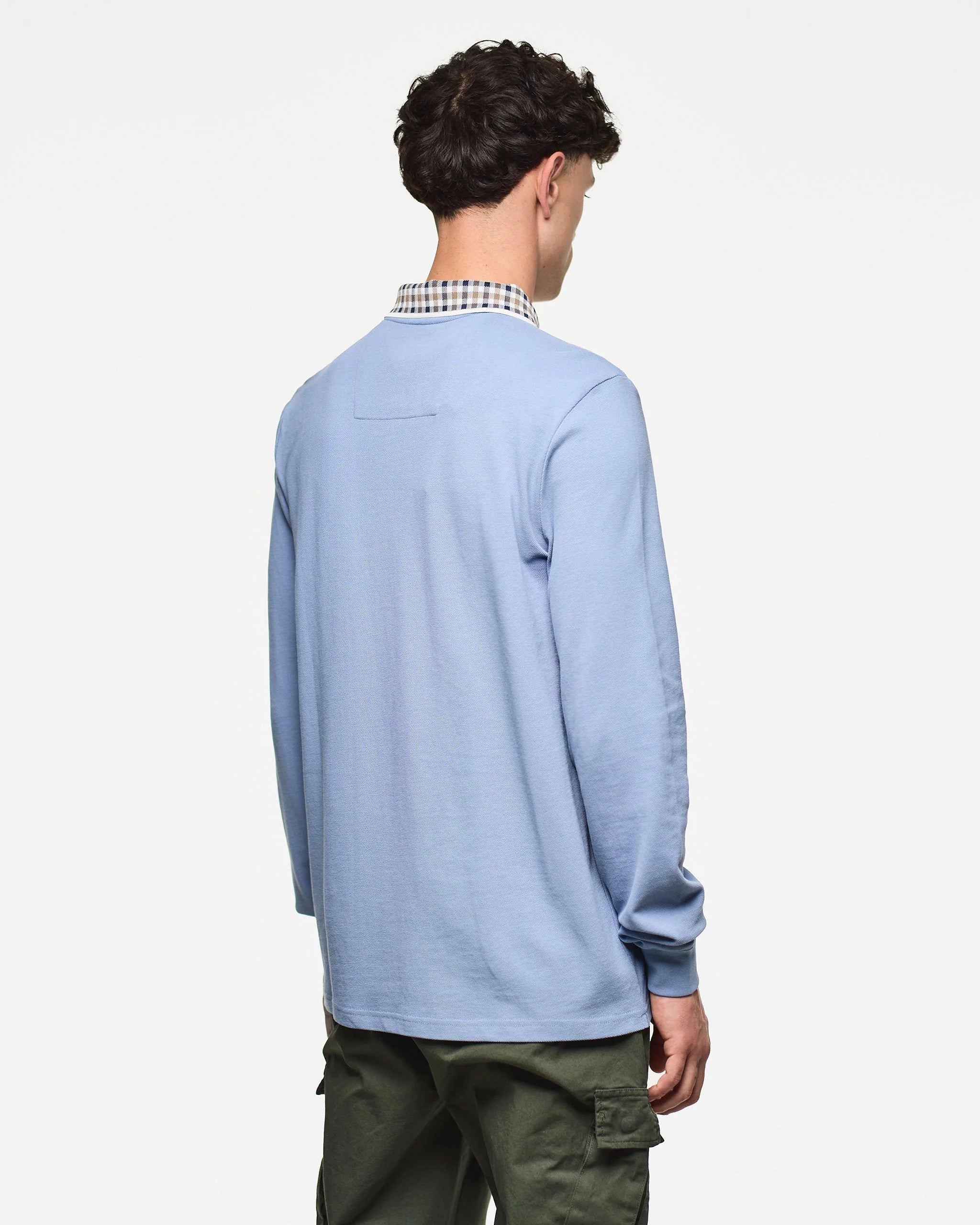 Weekend Offender Lindley Long Sleeve Check Collar Polo Blue Shadow