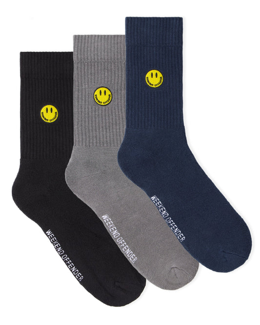 Weekend Offender 3 Pack Smiley Socks Navy/Grey/Black