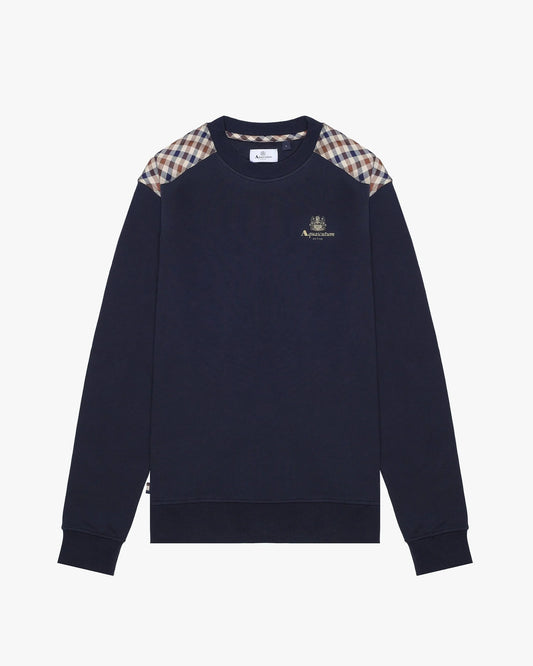 Aquascutum Club Check Shoulder Fleece Crewneck Sweat Navy