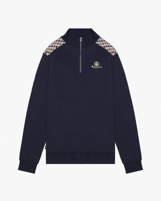 Aquascutum Club Check Shoulder Fleece 1/4 Zip Sweat Navy