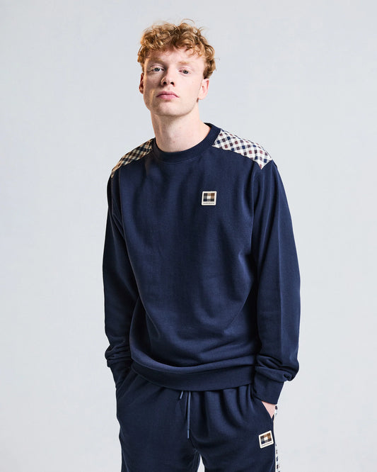 Aquascutum Lamina Check Insert Crew Sweat Navy