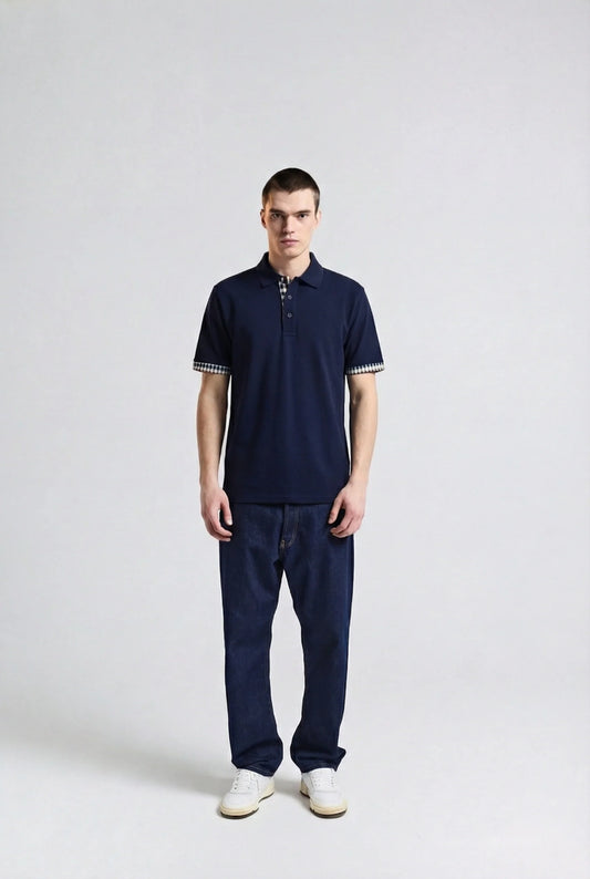 Aquascutum Club Check Sleeves Stretch Pique Polo Navy