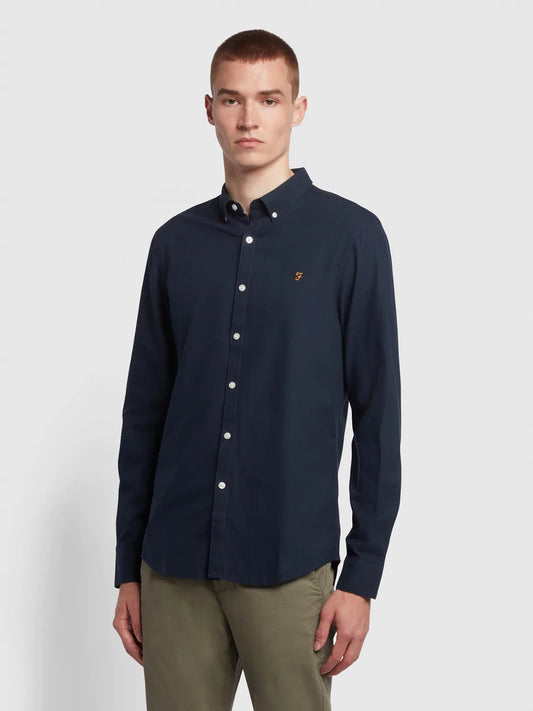 Farah Long Sleeve Brewer Oxford Cotton Shirt in Navy