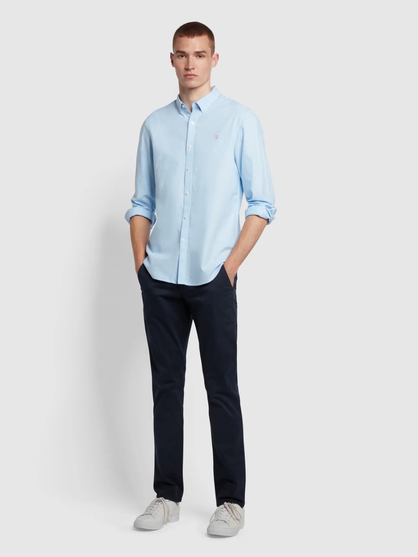 Farah Long Sleeve Brewer Oxford Cotton Shirt in Sky Blue