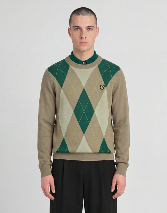Lyle & Scott Argyle Knitted Crew Neck Jumper Camel Taupe