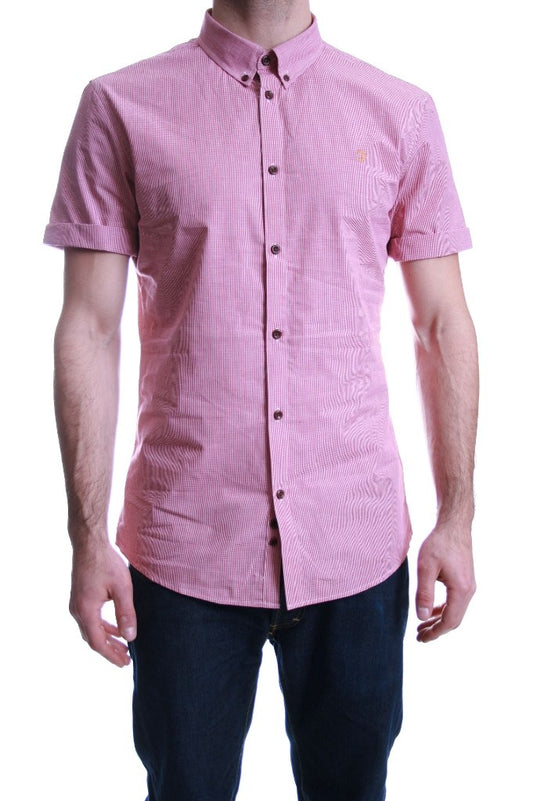 Farah Vintage Short Sleeve Micro Gingham Check Shirt in Berry