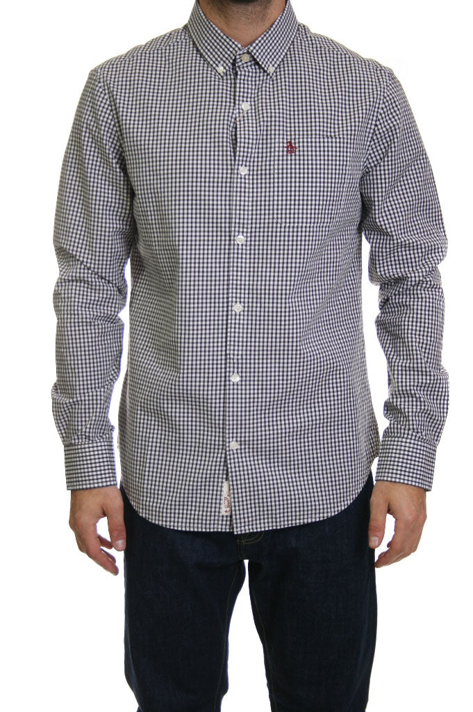 Original Penguin Long Sleeved Micro Gingham Check Shirt in Brown