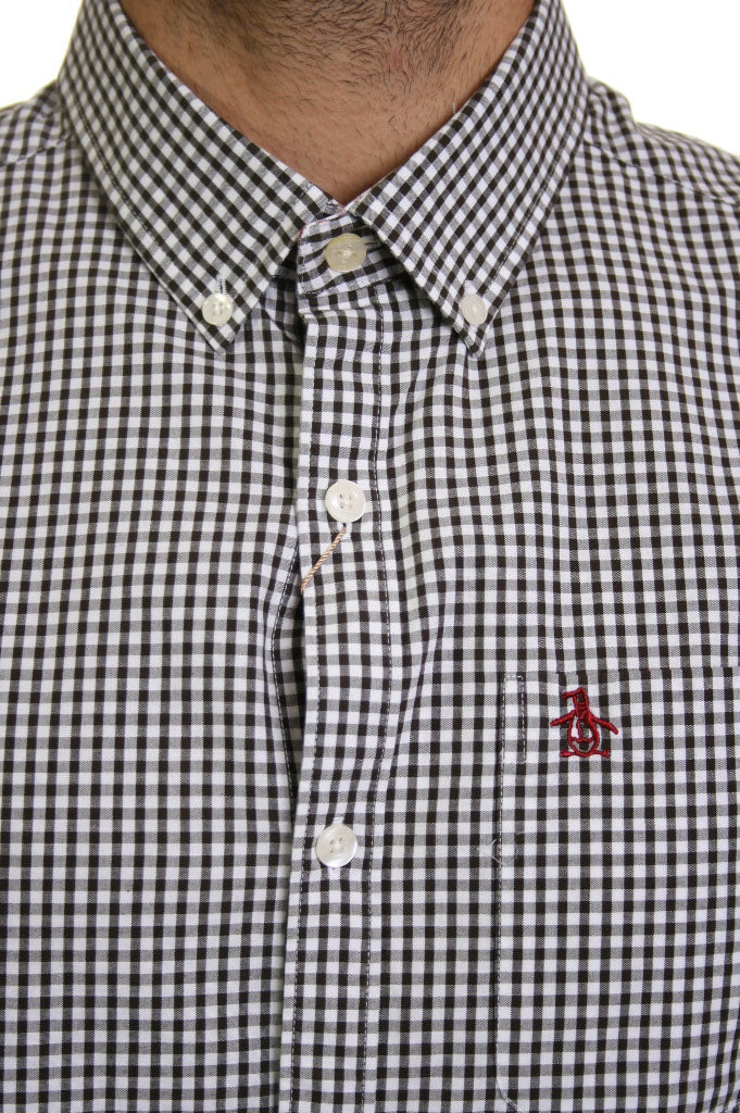 Original Penguin Long Sleeved Micro Gingham Check Shirt in Brown