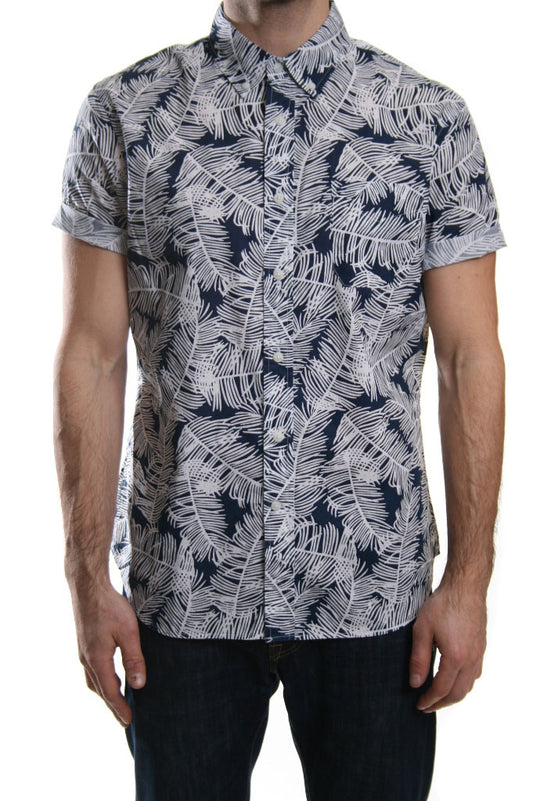 Edwin Short Sleeved Palm Print Shirt in Navy