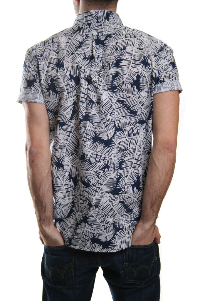 Edwin Short Sleeved Palm Print Shirt in Navy