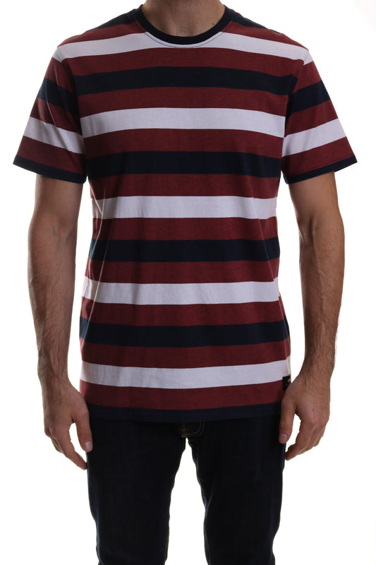 Edwin George Striped Garment Dyed T Shirt Oxblood Red