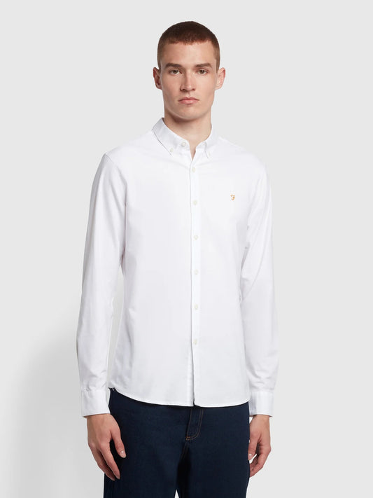 Farah Long Sleeve Brewer Oxford Cotton Shirt in White