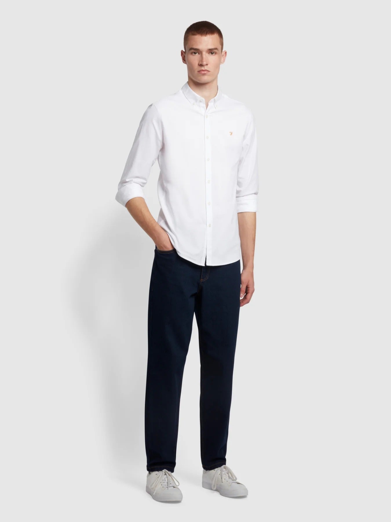 Farah Long Sleeve Brewer Oxford Cotton Shirt in White