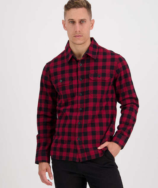 Swanndri Okato v2 Brushed Cotton Block Check Shirt Oxblood