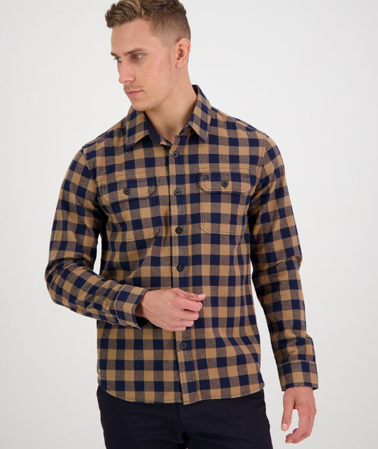 Swanndri Okato v2 Brushed Cotton Block Check Shirt Gold